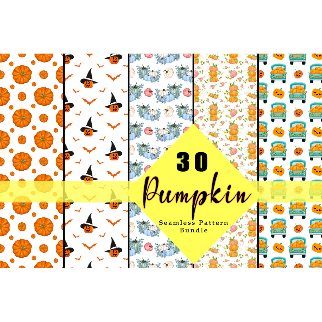 Pack of images of colorful patterns with pumpkins