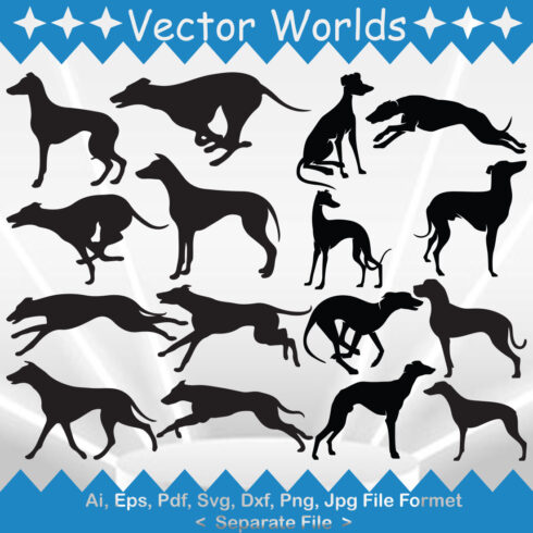 Set of greyhound dogs silhouettes on a blue and white background.