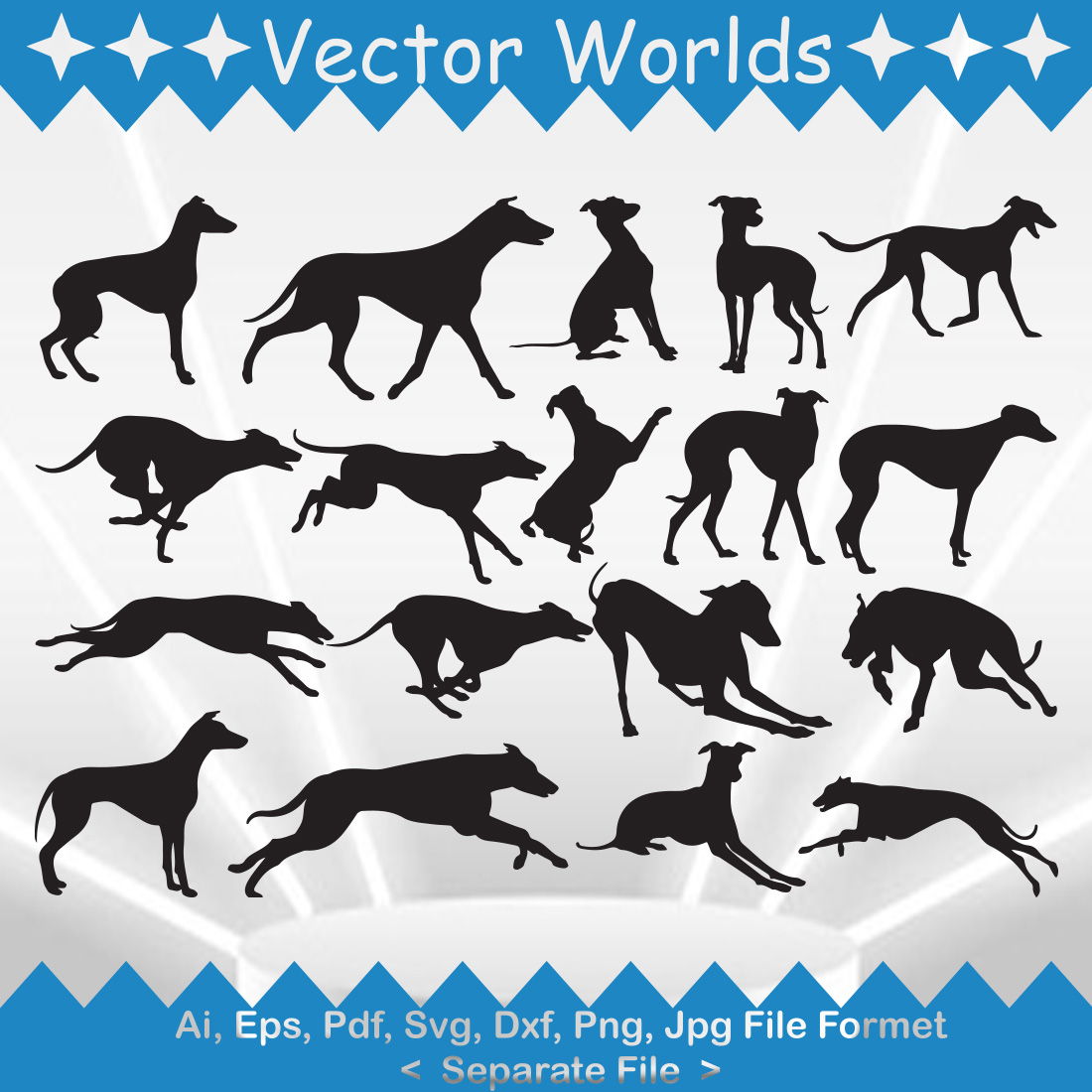 Set of dog silhouettes in different poses.