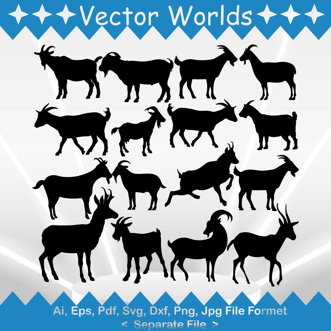 Set of goats silhouettes on a blue and white background.