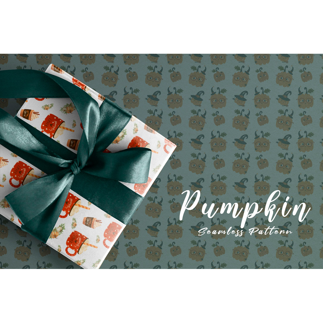 Image of wrapping paper with elegant patterns with pumpkin