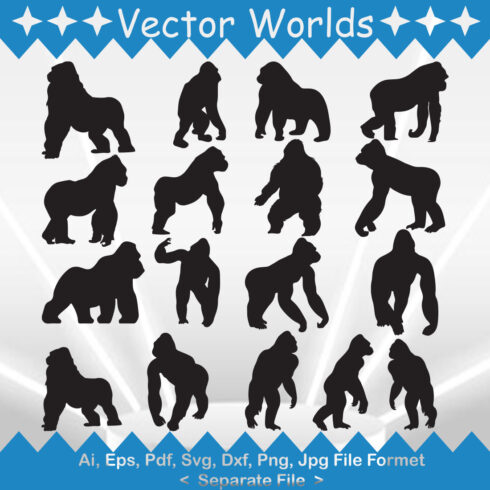 Big set of silhouettes of gorillas.