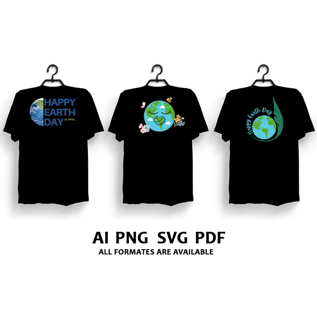 A pack of images of t-shirts with wonderful prints on the theme of Earth Day