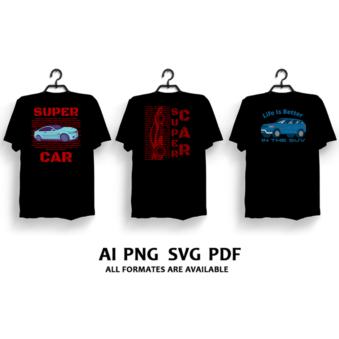 Collection of images of t-shirts with exquisite prints with cars
