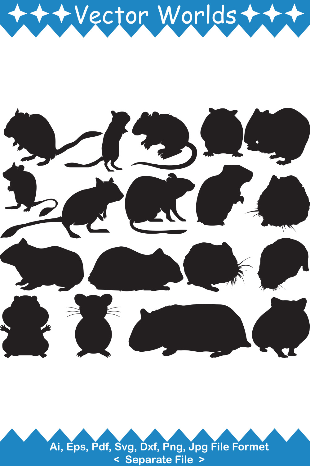 Set of silhouettes of mice and mice.