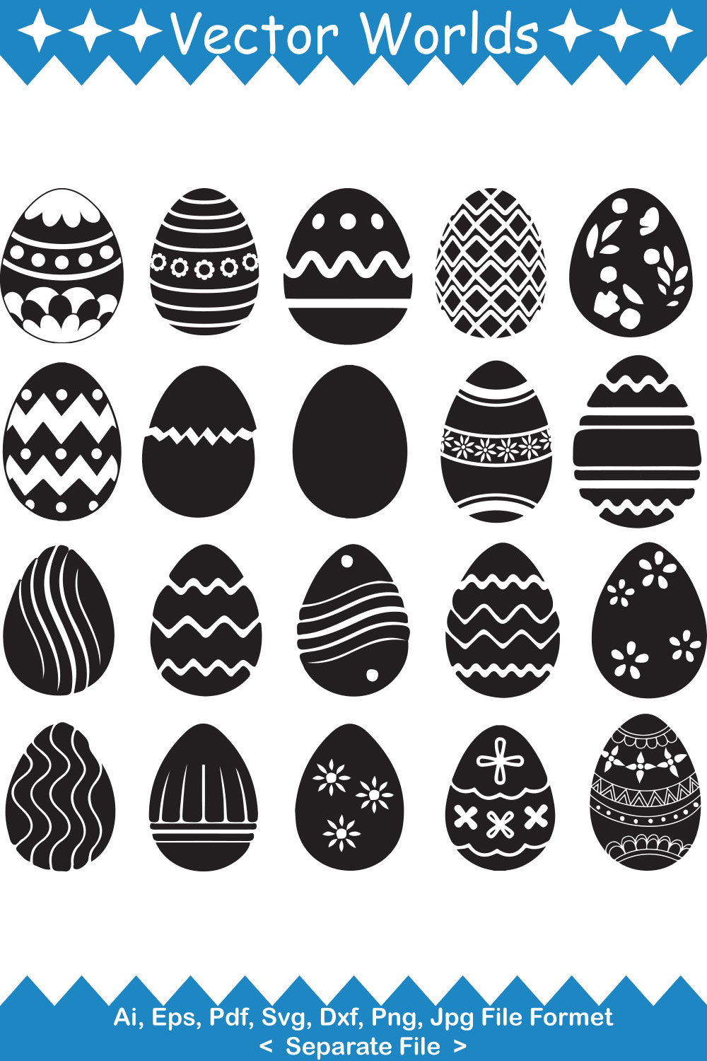 Collage of black and white eggs with different ornaments.