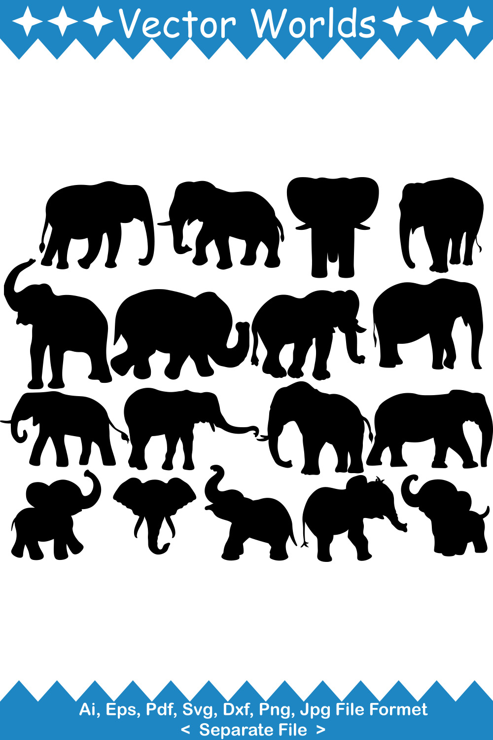 Large set of elephant silhouettes on a white background.