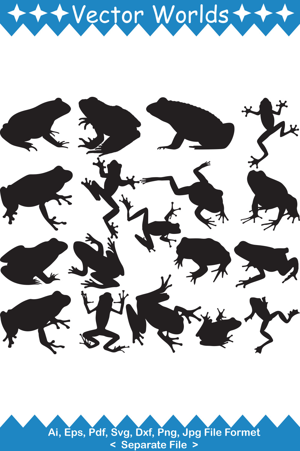 Set of frog silhouettes on a white background.