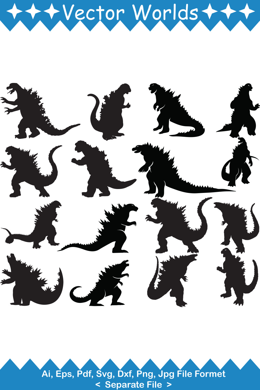 Set of silhouettes of godzillas.