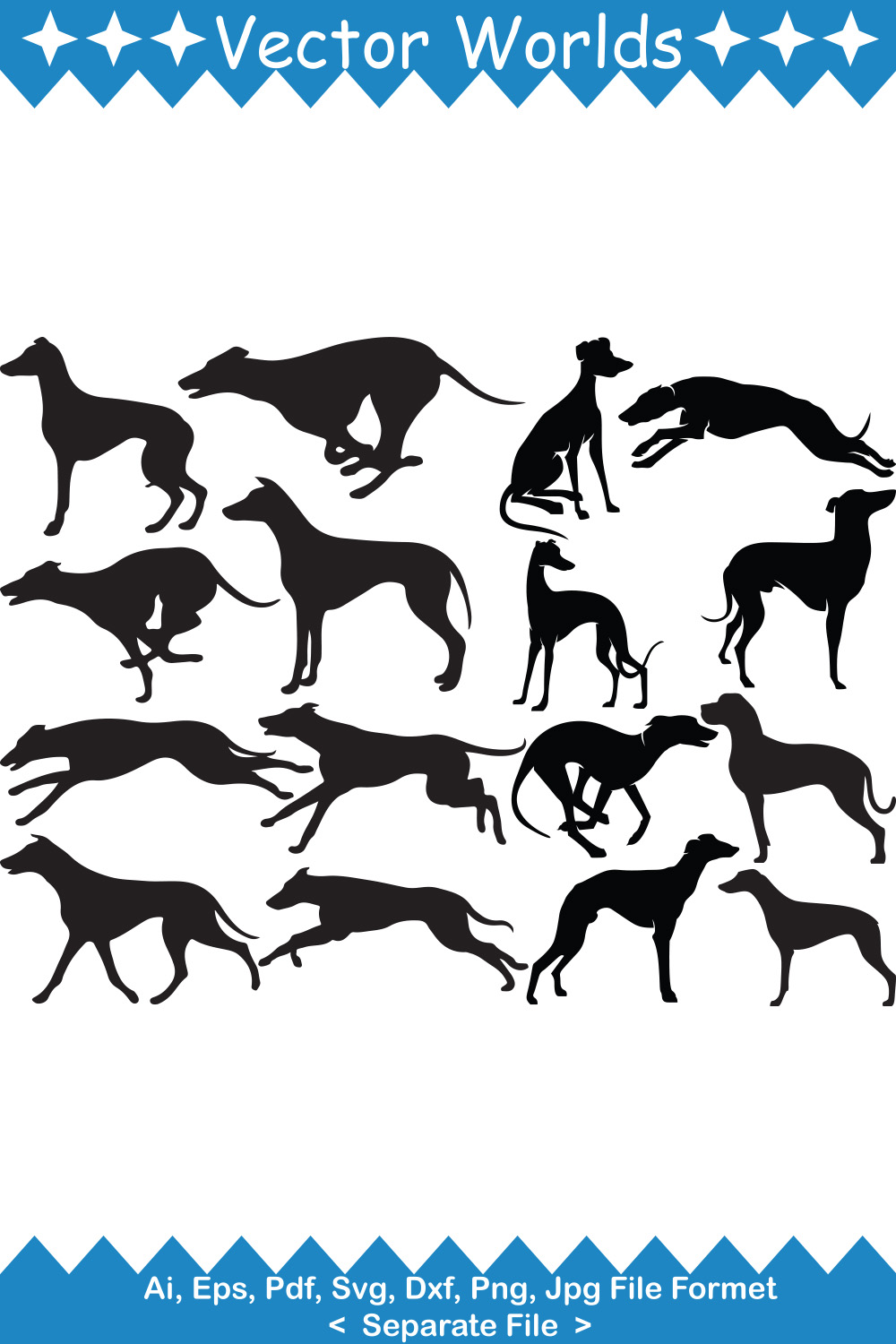 Set of greyhound dogs silhouettes on a white background.