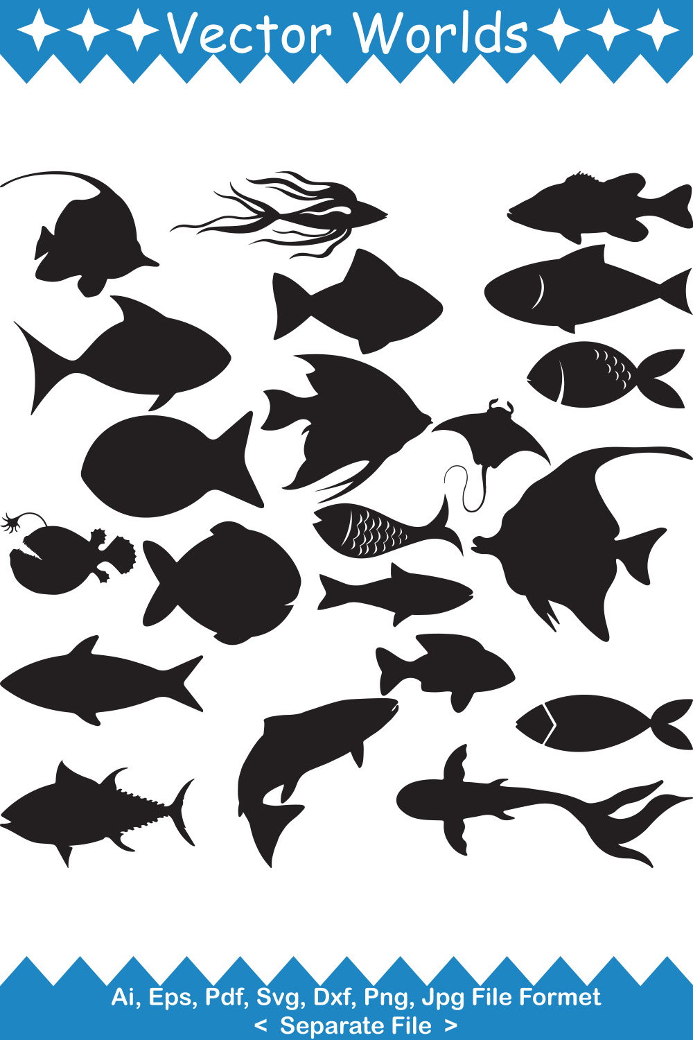 Set of fish silhouettes on a white background.