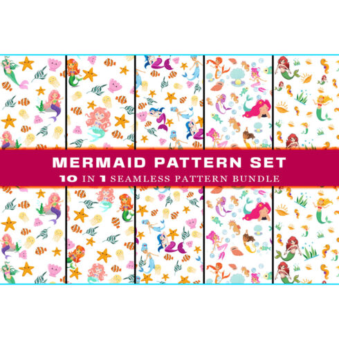 Pack of images of beautiful patterns with the little mermaid