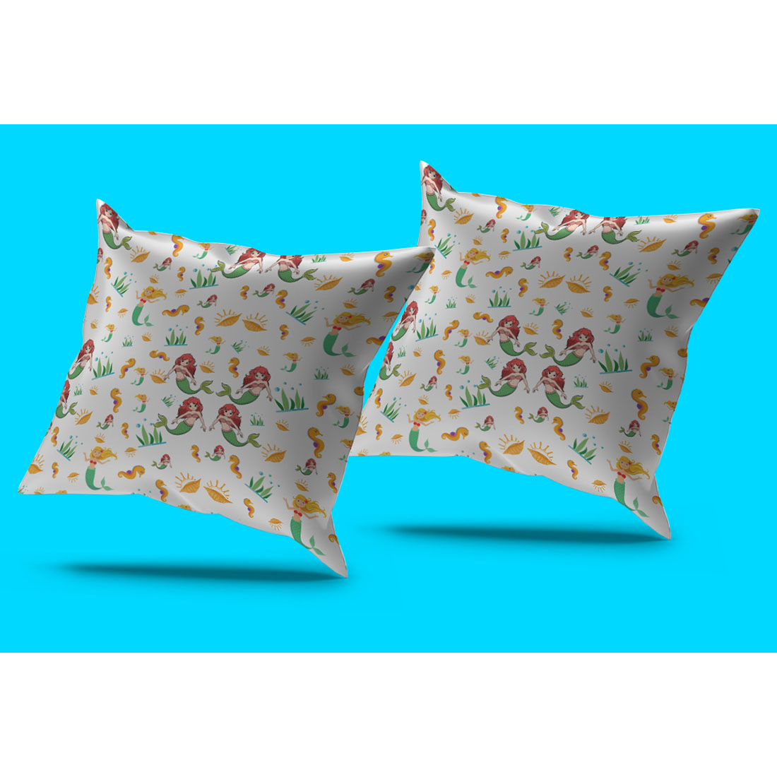 Image of pillows with colorful patterns with little mermaids