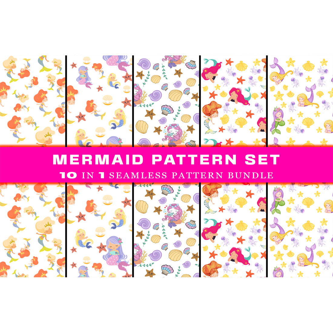 Pack of images of wonderful patterns with the little mermaid