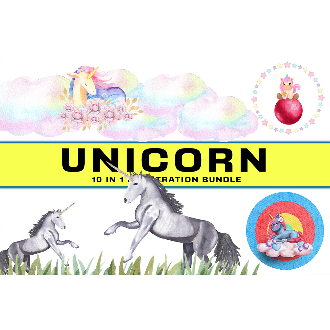 Set of colorful images with unicorns