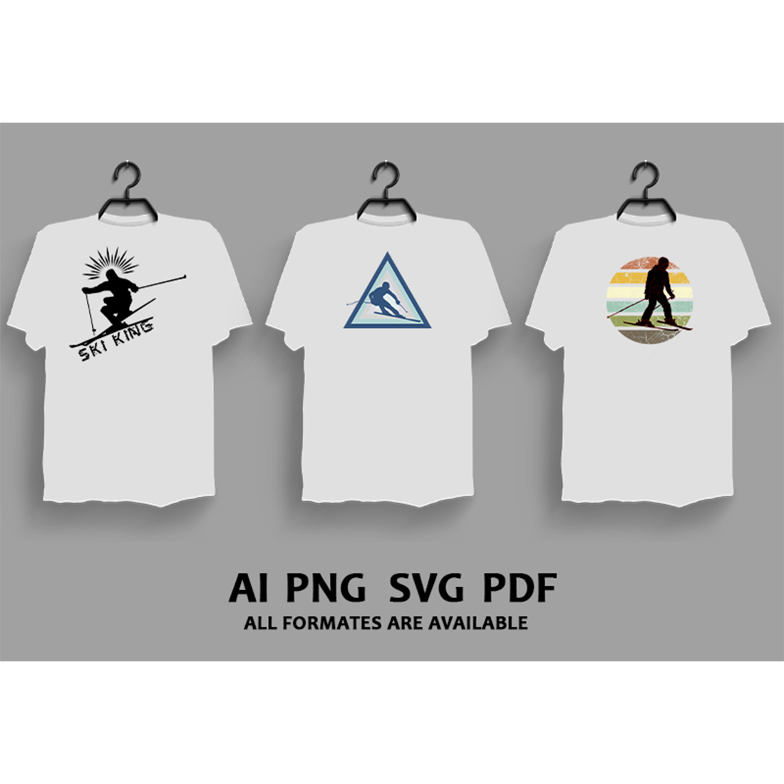 Collection of images of t-shirts with enchanting prints on the theme of skiing