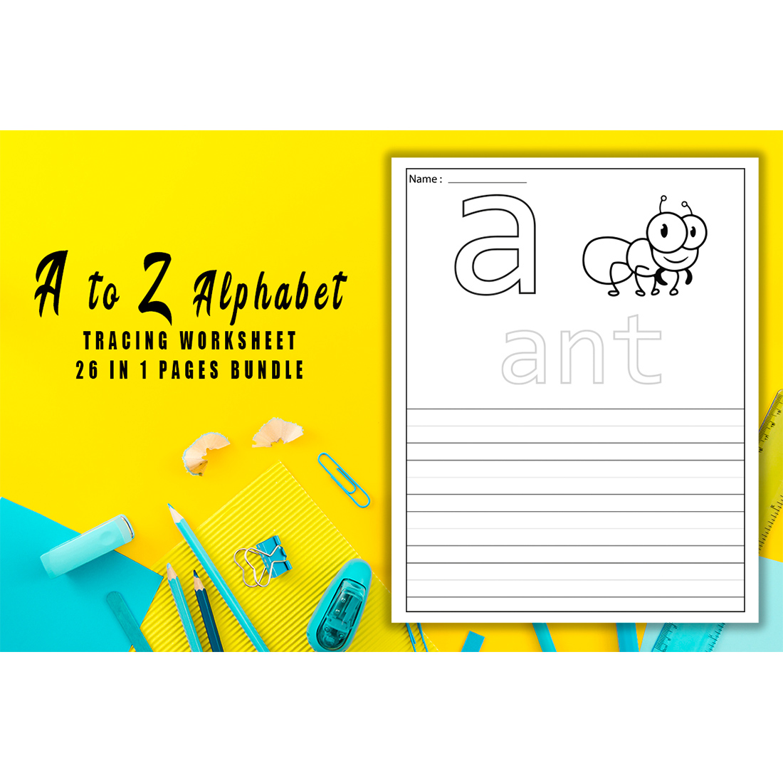A to Z Alphabets Words Tracing Worksheets Colouring Page Bundle V.3 cover image.
