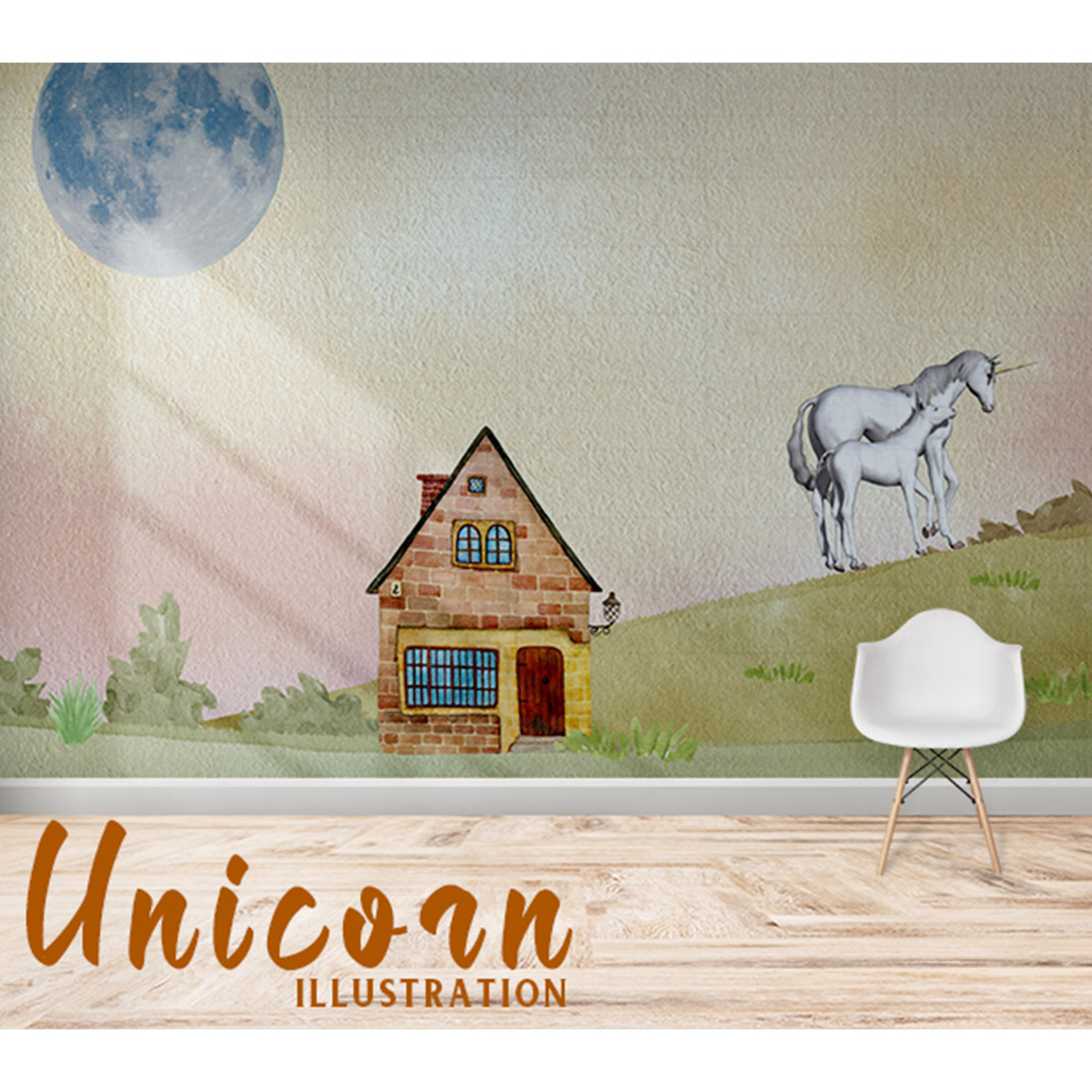 Enchanting image on the wall with a unicorn