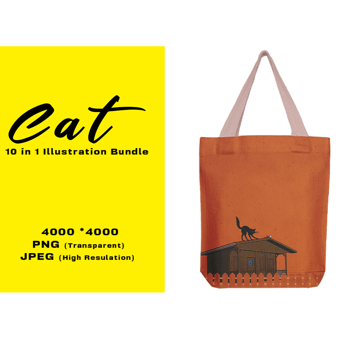 Image of bag with enchanting print with a cat on the roof