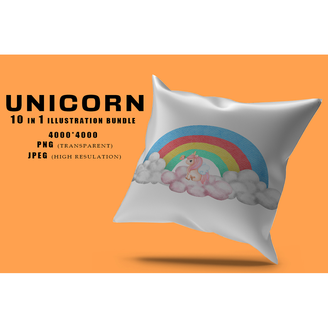 Pillow image with enchanting unicorn and rainbow print