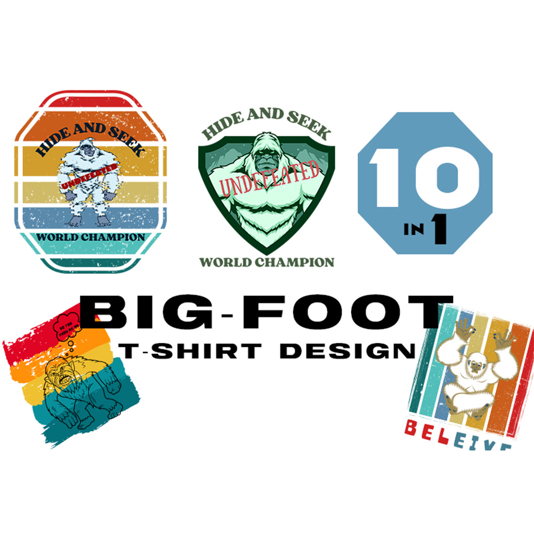 Collection of colorful images for prints on the theme of bigfoot