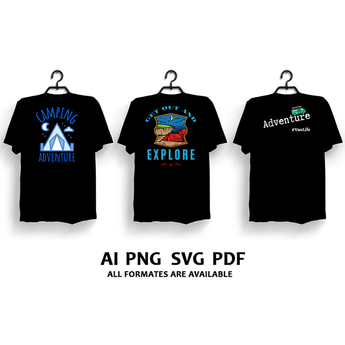 Three black t-shirts with high quality colorful camping compositions.