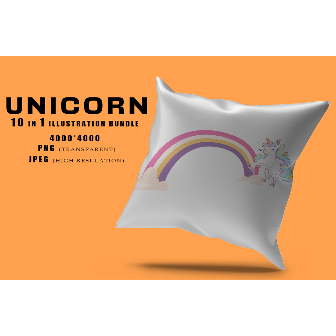Pillow image with beautiful unicorn and rainbow print