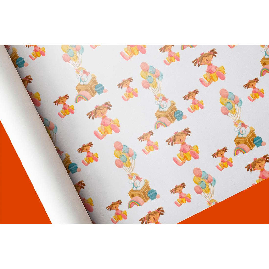 Image of wrapping paper with colorful unicorn patterns