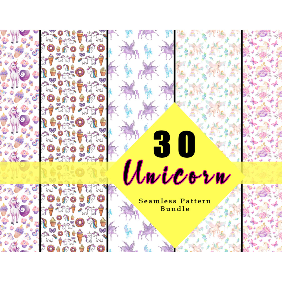 A pack of images of gorgeous patterns with unicorns