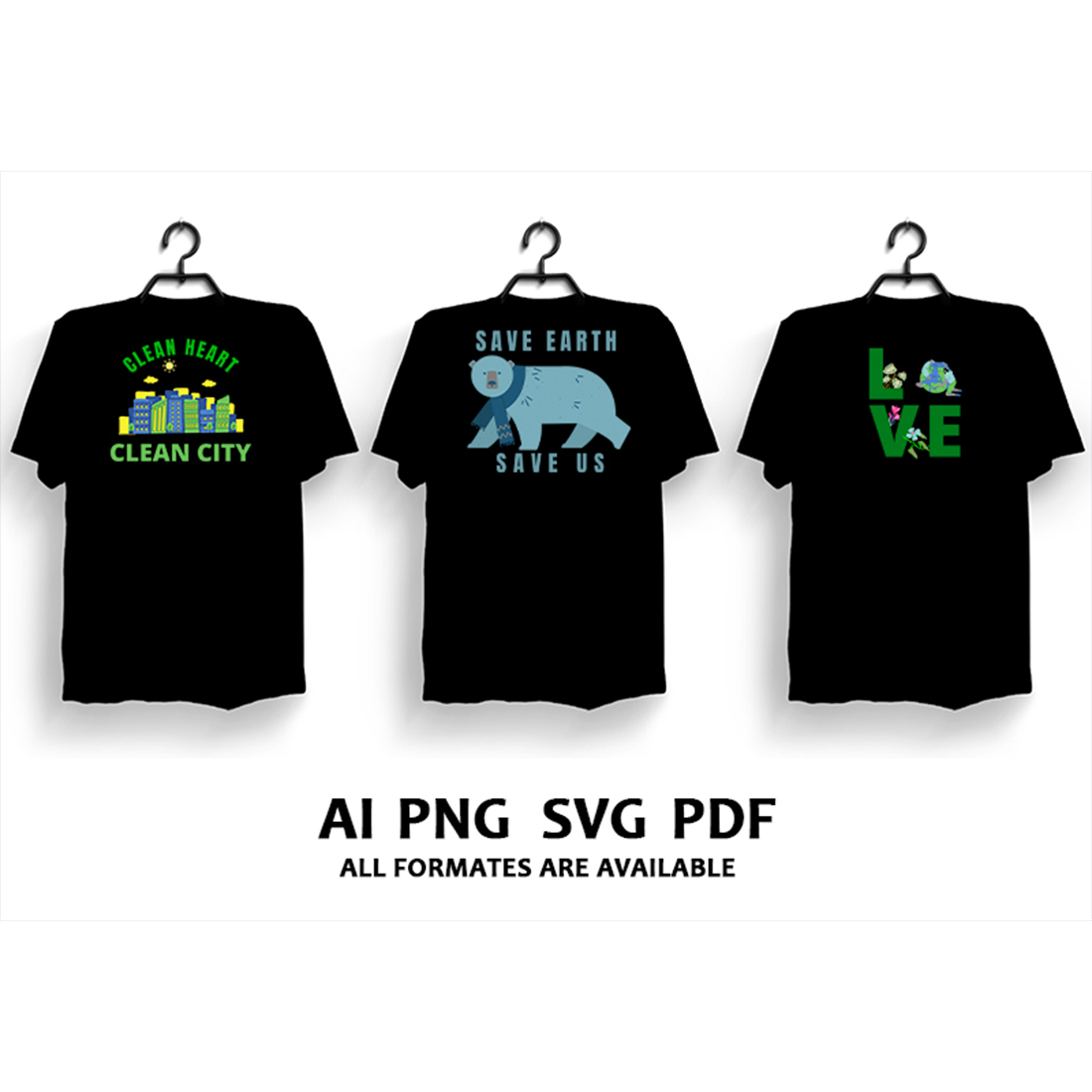 Collection of images of t-shirts with colorful prints on the theme of Earth Day