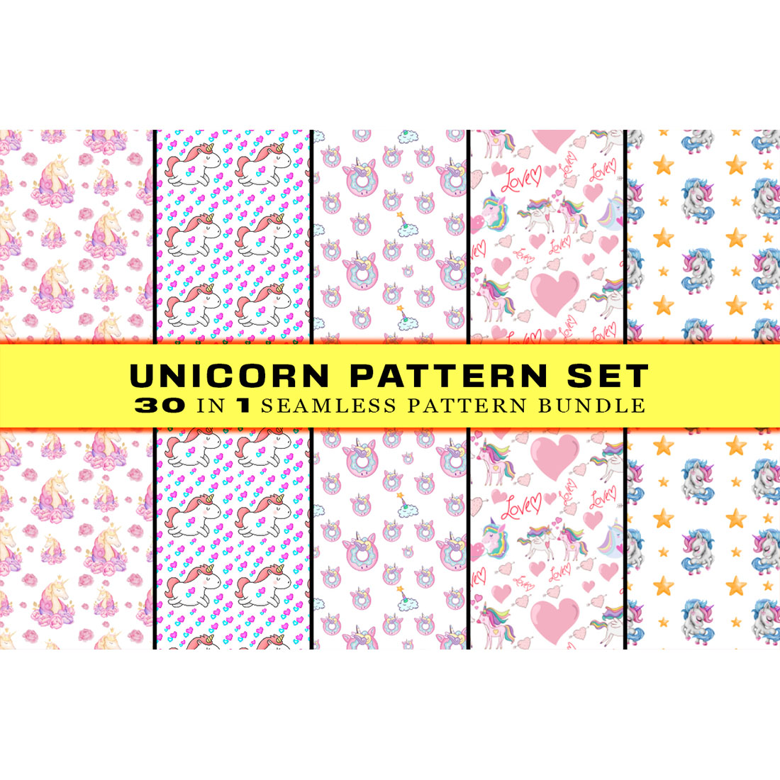 Pack of images of charming patterns with unicorns