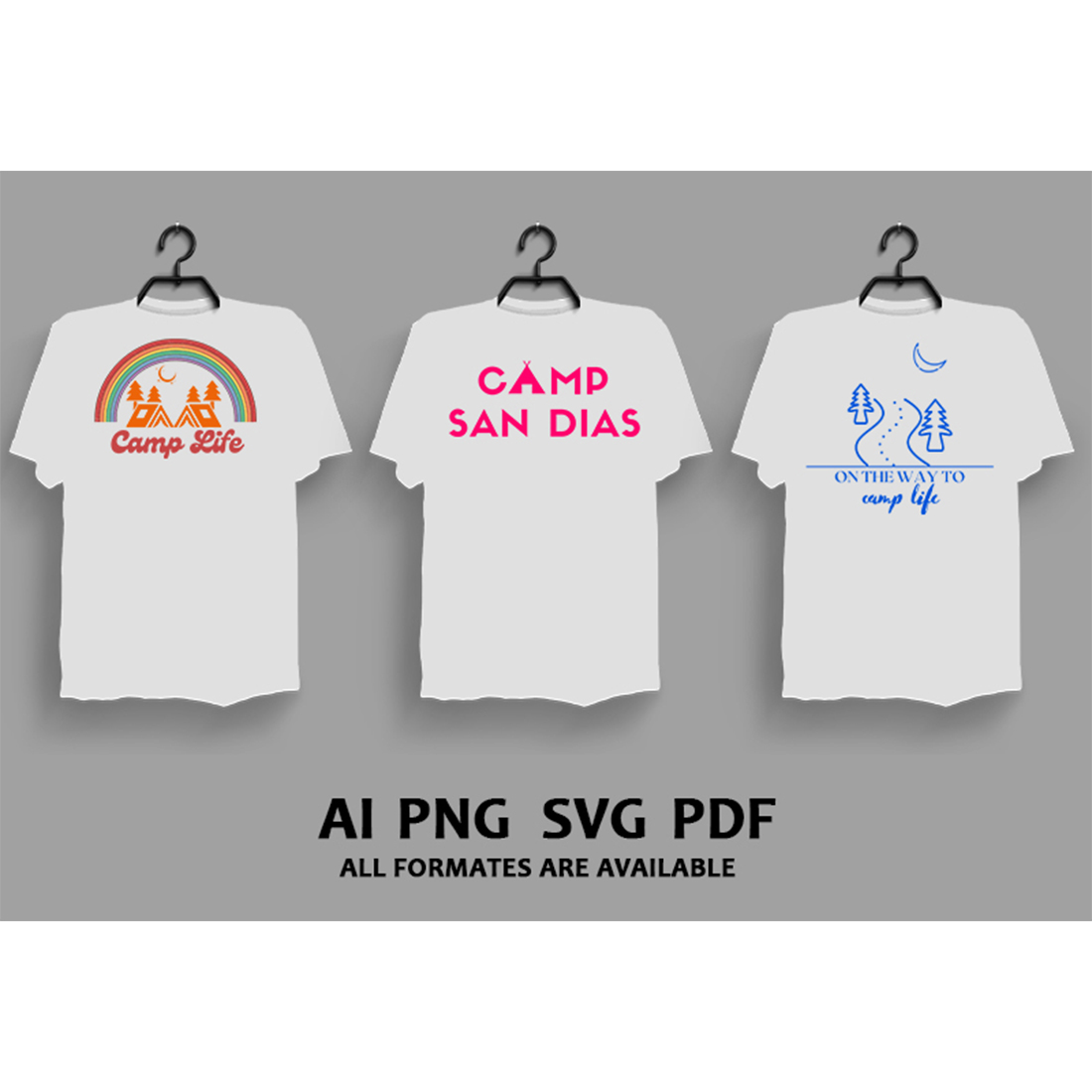 Set of images of t-shirts with elegant prints on the theme of wild camping