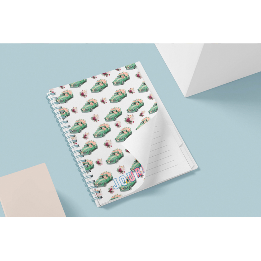 Notebook with a cute green cars.