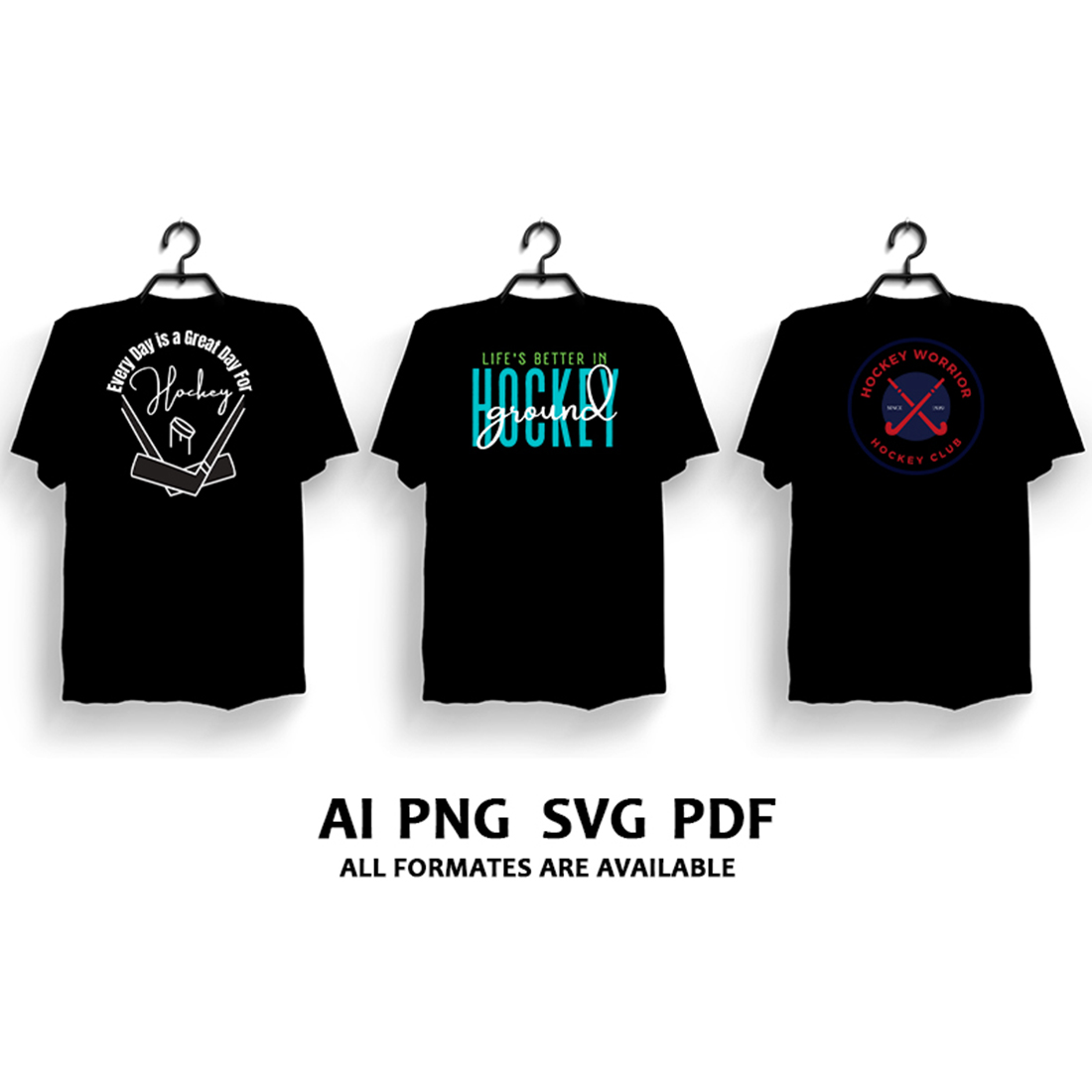 Black t-shirts with hockey graphic.