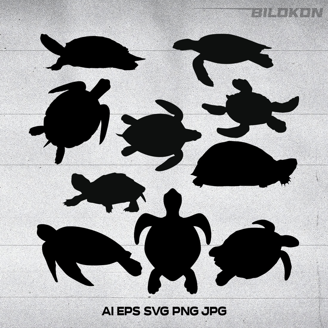 Group of sea turtle silhouettes on a white background.