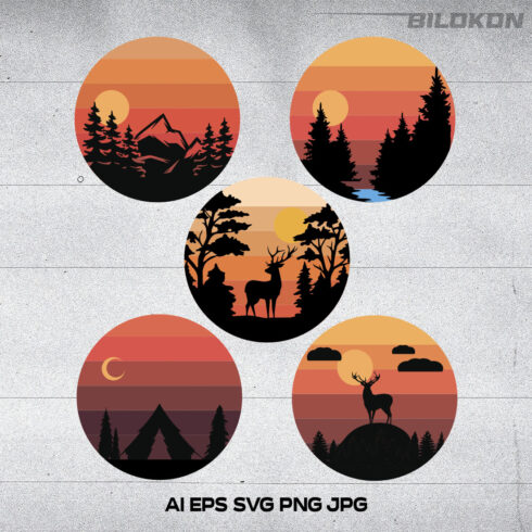Sunset Mountains and Forest Retro Design Set main cover.