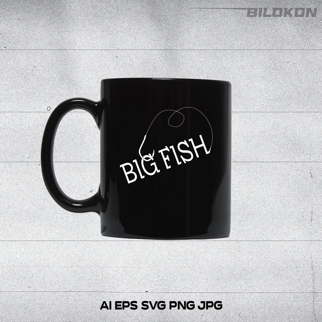 Black coffee mug with the words big fish on it.