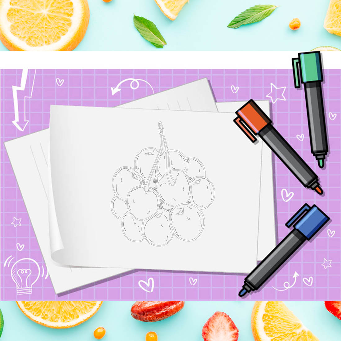 Paper with had drawn some fruit.