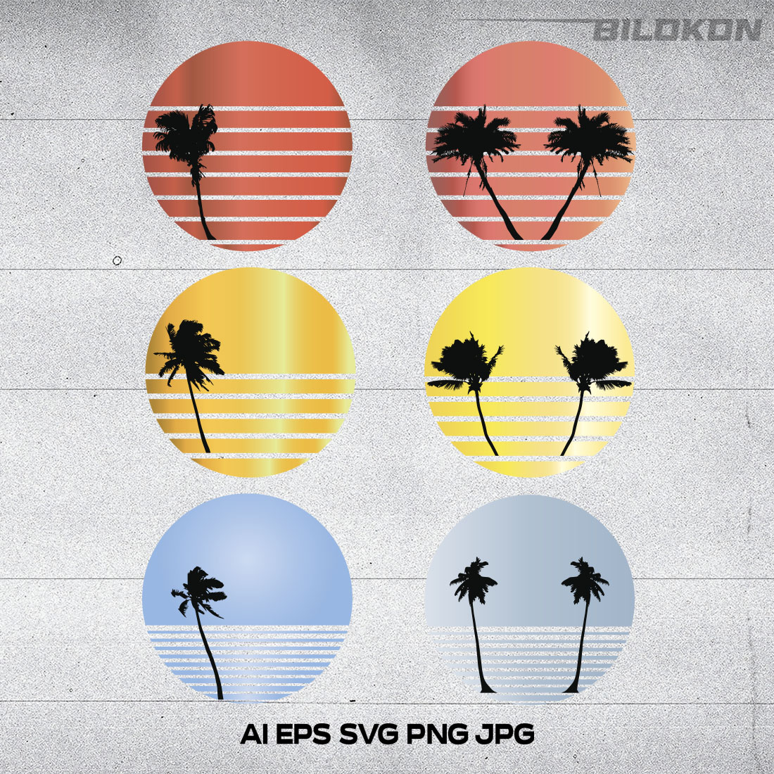 Retro Sunset and Palm Tree Icon Set Design cover image.