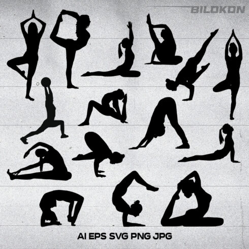 Yoga Set Icon Black, Woman Yoga on a White Background main cover.