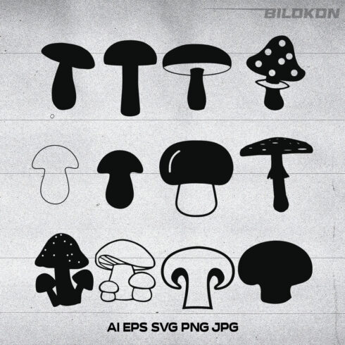 Mushrooms Silhouette Set Icon, SVG Vector.