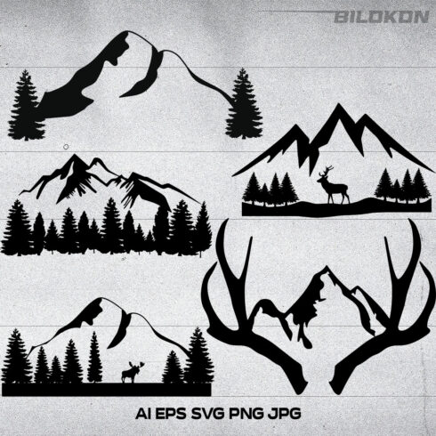 Mountain Landscape Set with Forest and Deer, SVG Vector.