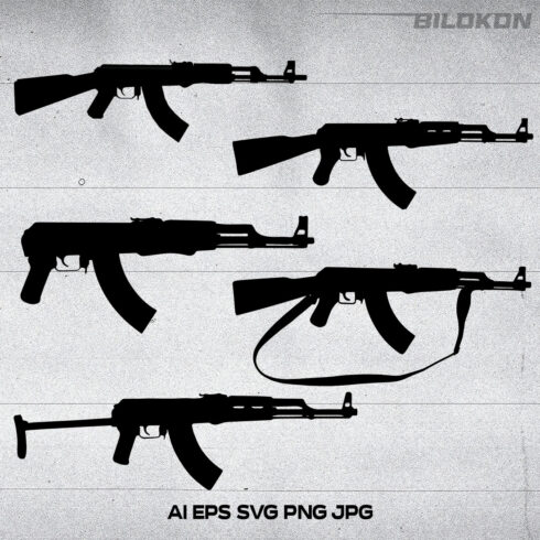 Kalachnikov, AK-47 Silhouette Set, Gun, SVG Vector.