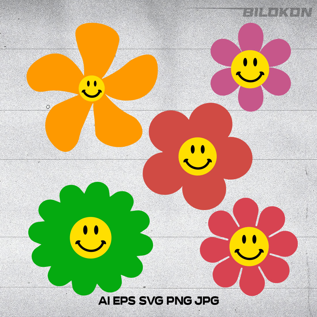 Flowers with Cartoon Funny Smile Set - MasterBundles