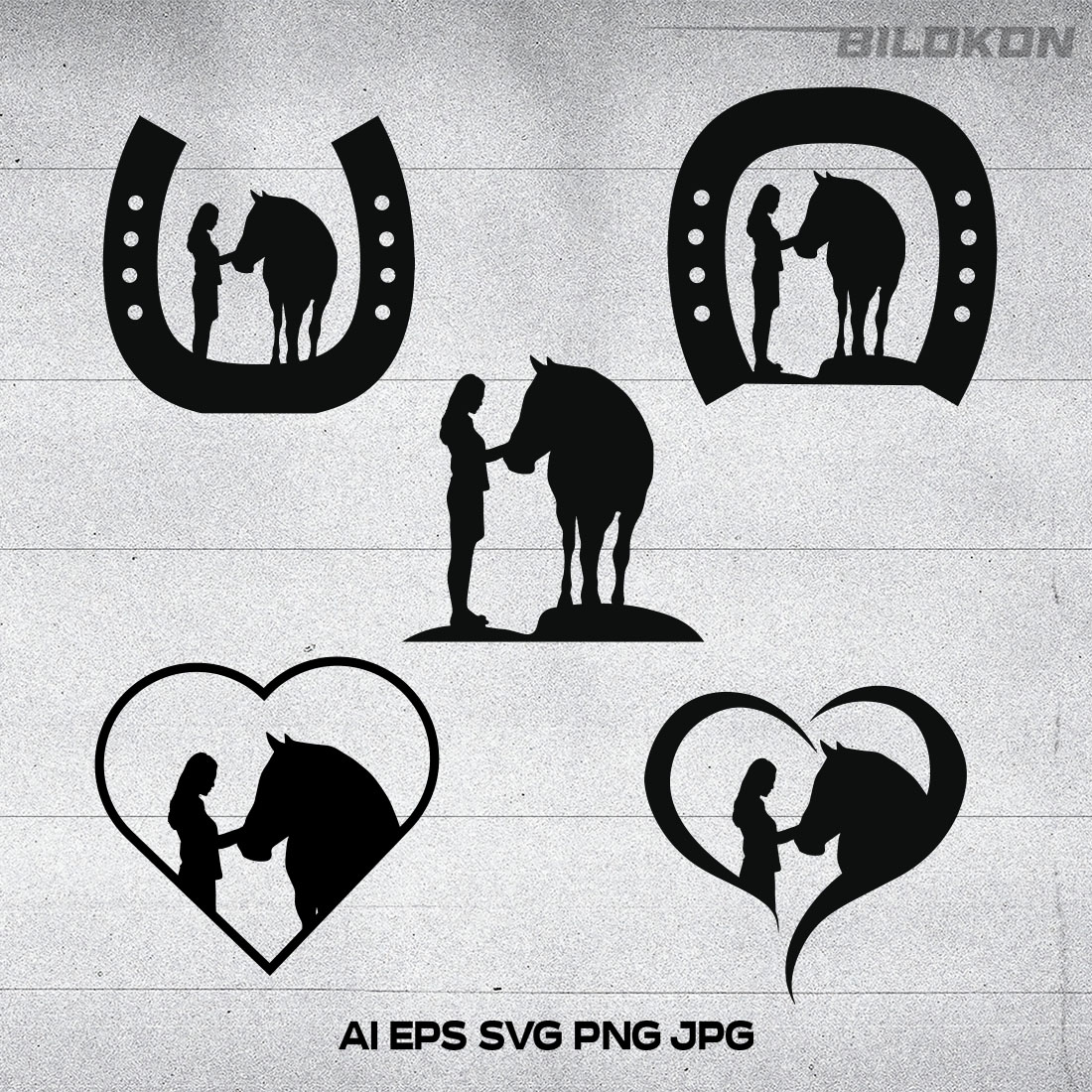 The silhouettes of people and horses are in the shape of hearts.