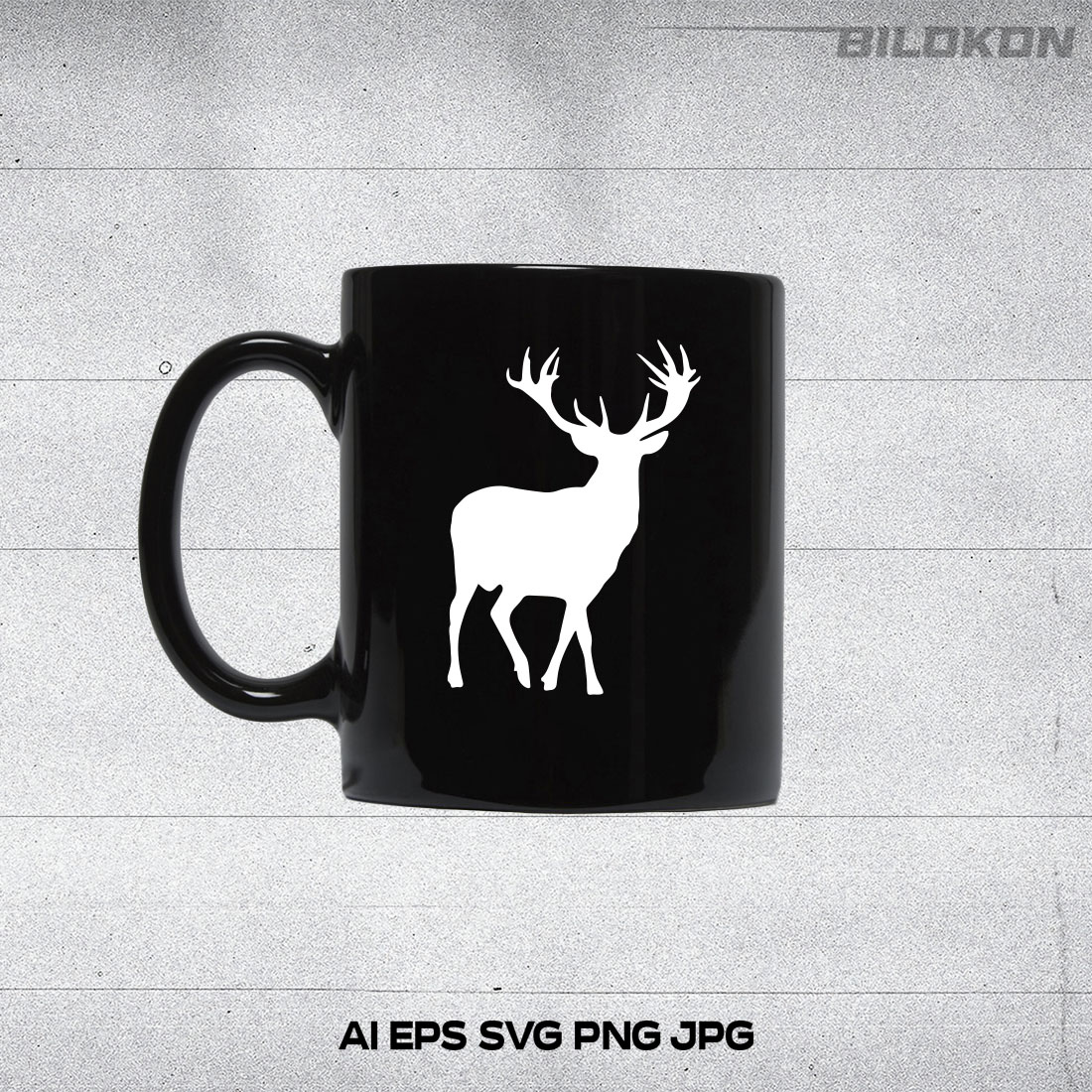 Black coffee mug with a white deer on it.