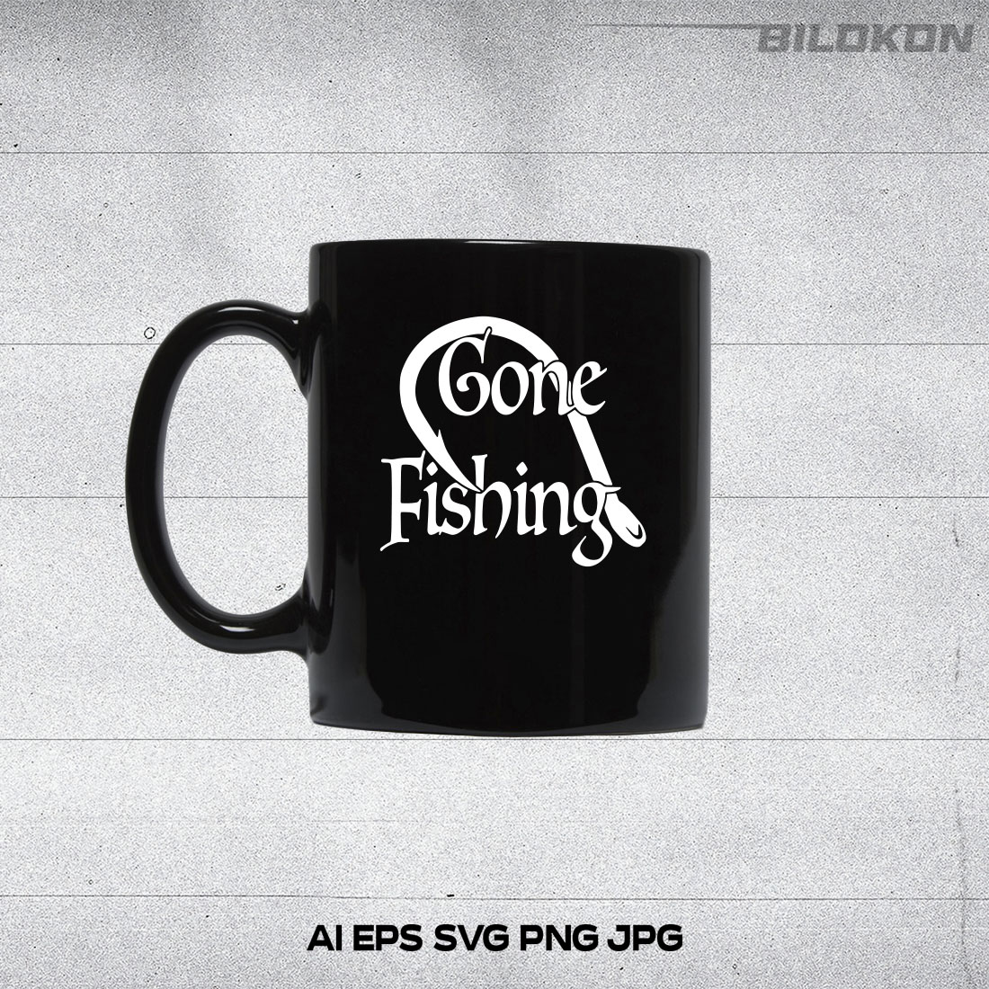 Black cup with creative fishing graphic.