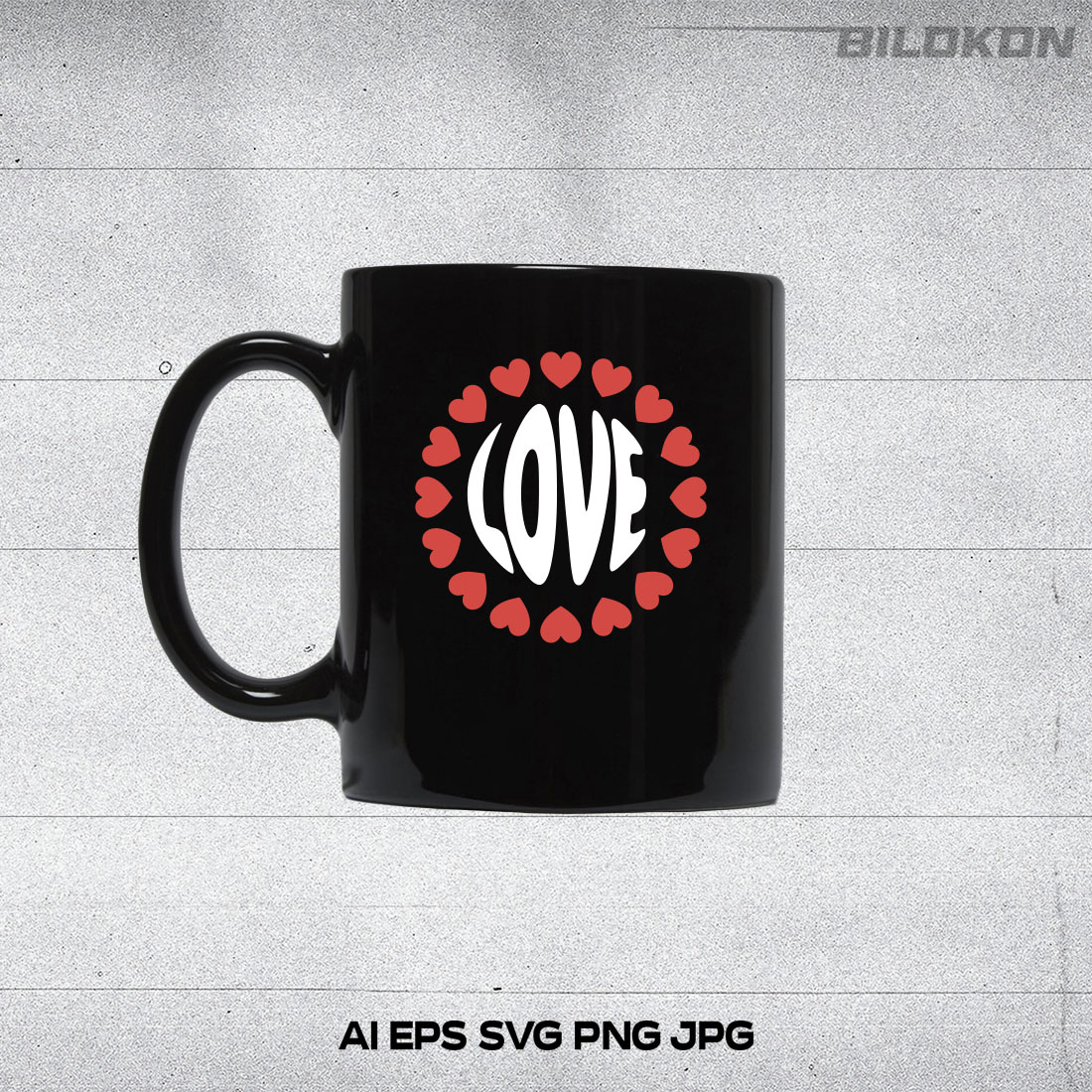 Image of a cup with an amazing inscription Love surrounded by hearts