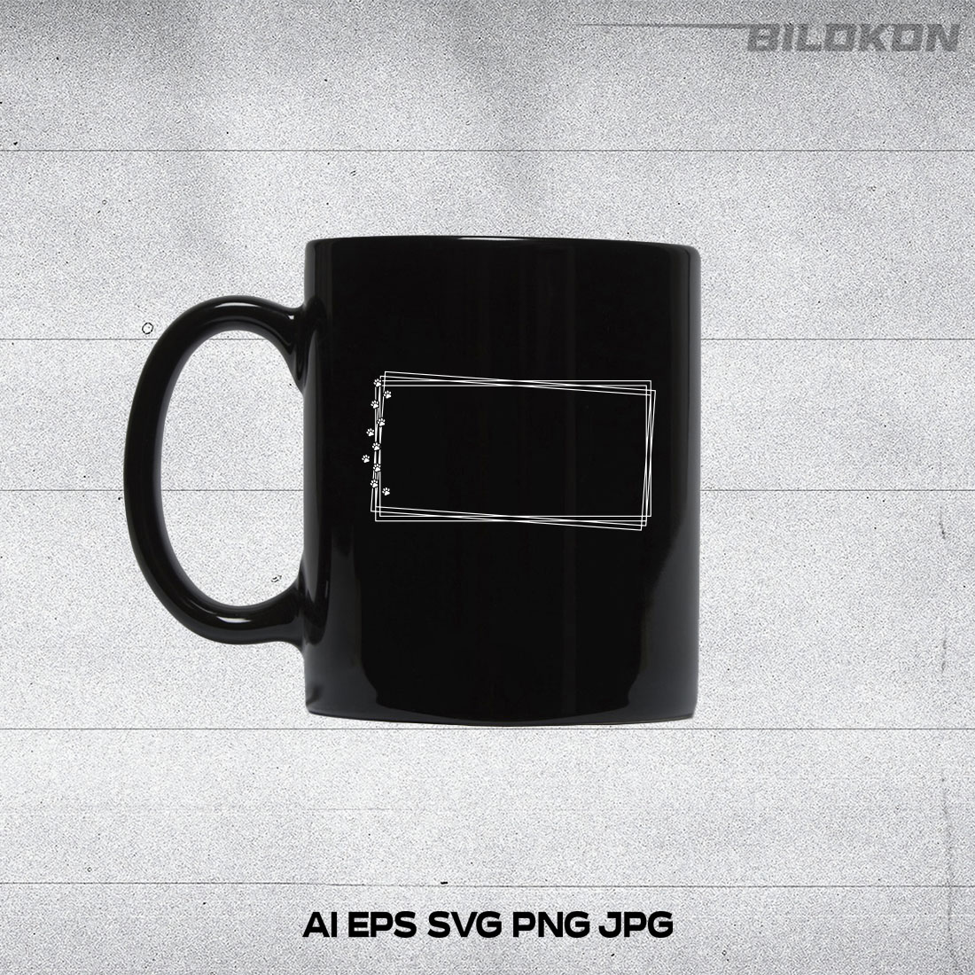 Black coffee mug with a picture of a rectangle on it.