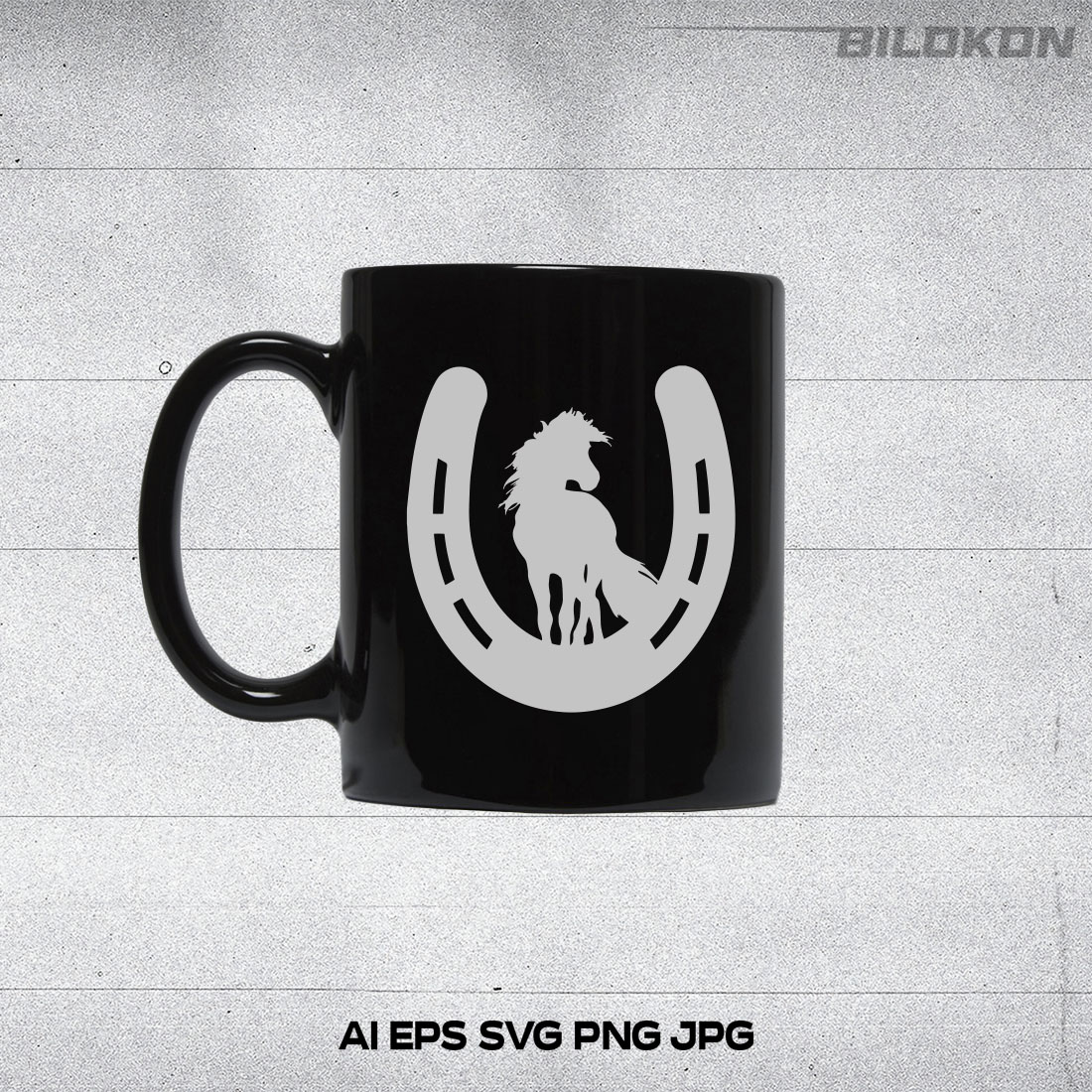 Black coffee mug with a horse on it.